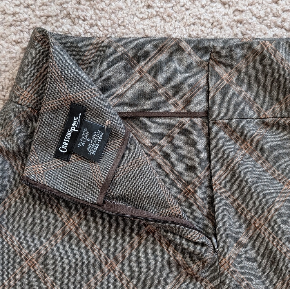 Crossing Pointe Vintage Gray Orange Plaid A-Line Pencil Mini Skirt Size 6 - Picture 6 of 8